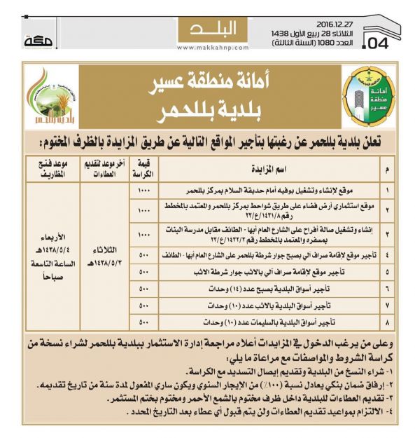 بلدية #بللحمر تعلن عن فرص استثمارية متنوعة