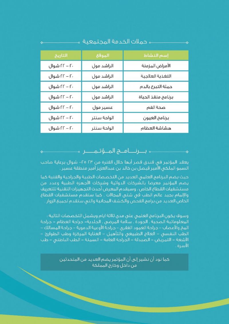 مؤتمر عسير الصحي يقدم 7 أنشطة اجتماعية في عدد من مجمعات المنطقة التجارية