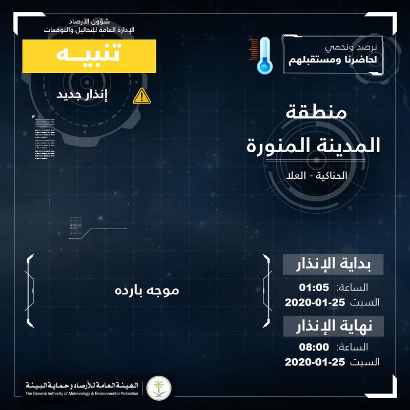 "الأرصاد" تنبِّه: موجة باردة على المدينة والقصيم وحائل وتبوك والشمالية والجوف